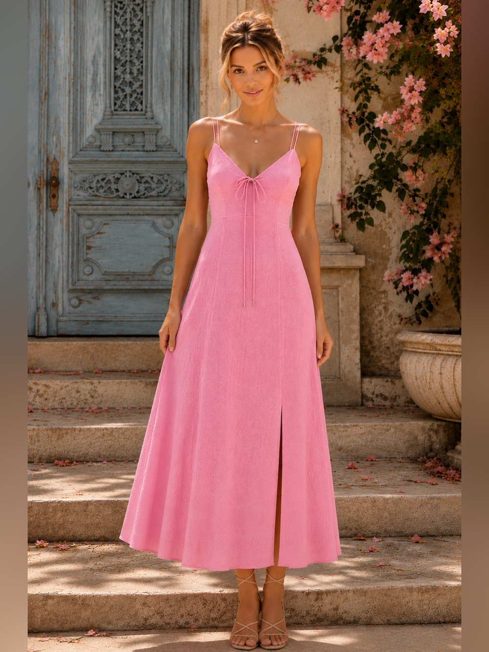Lulus Pink Textured Midi Dress Size Small Spaghetti Strap Tie Front NWOT A32